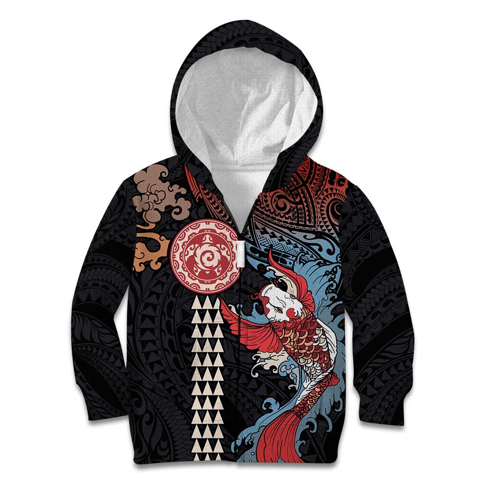 Hawaii and Japanese Together Kid Hoodie Koi Fish and Kakau Pattern