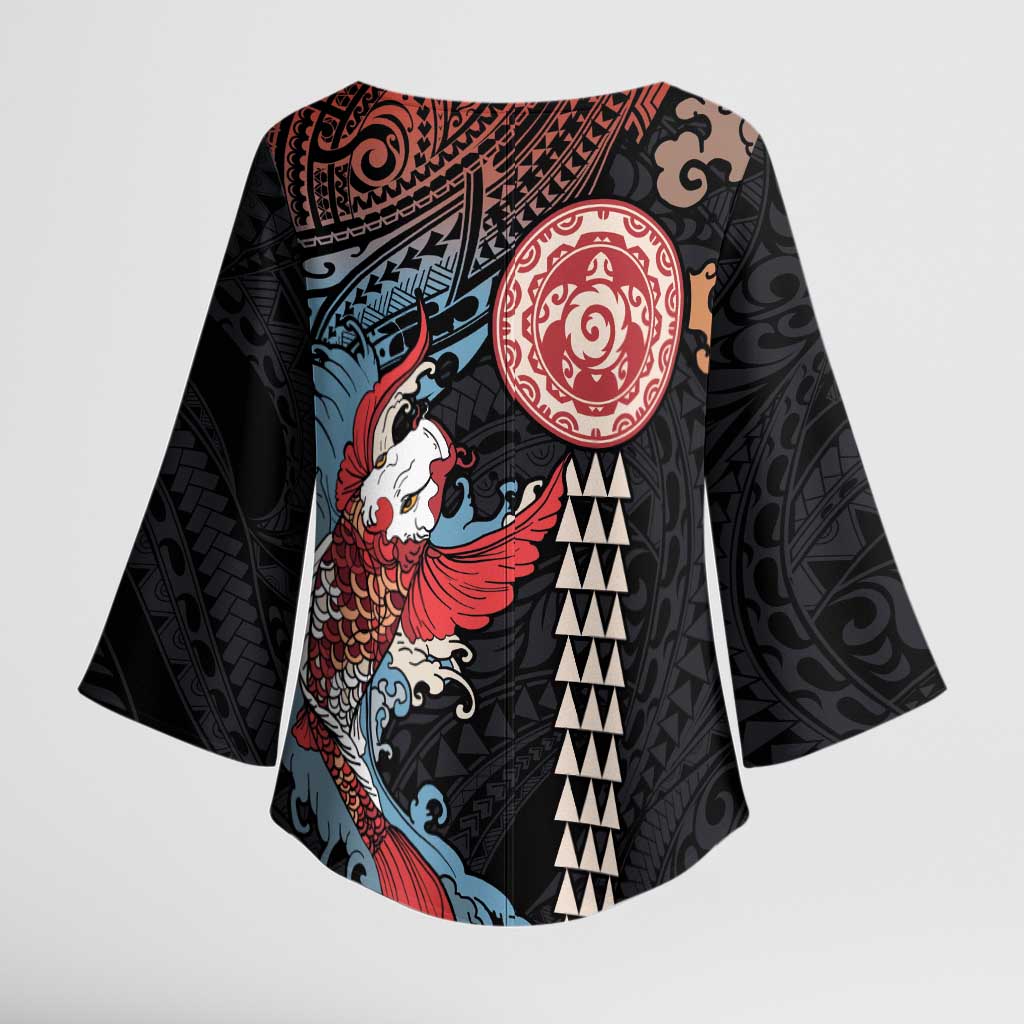 Hawaii and Japanese Together Kimono Sleeve Blouse Koi Fish and Kakau Pattern - Polynesian Pride