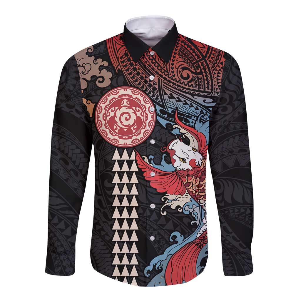 Hawaii and Japanese Together Long Sleeve Button Shirt Koi Fish and Kakau Pattern