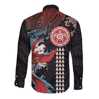 Hawaii and Japanese Together Long Sleeve Button Shirt Koi Fish and Kakau Pattern