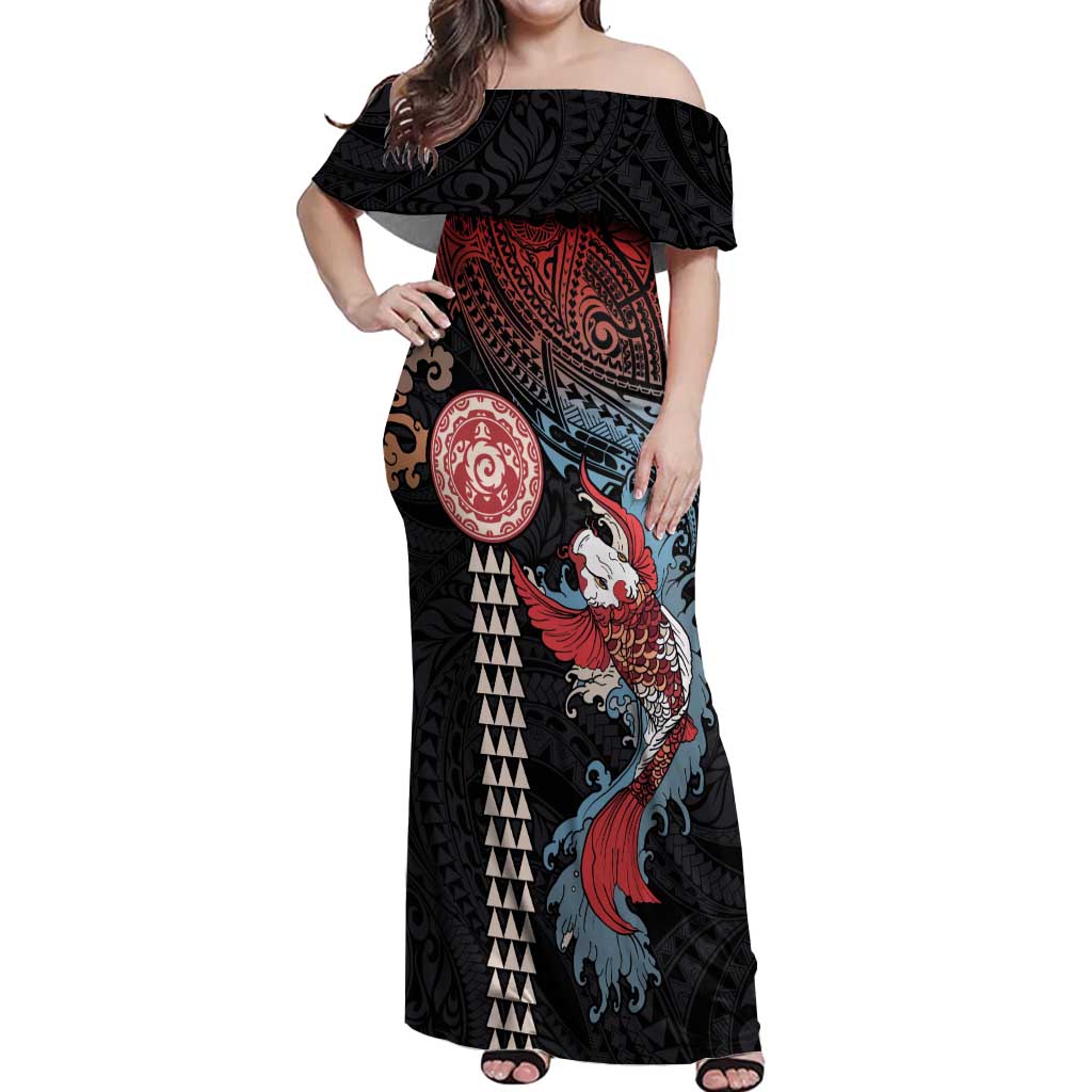 Hawaii and Japanese Together Off Shoulder Maxi Dress Koi Fish and Kakau Pattern LT03 Women Black - Polynesian Pride
