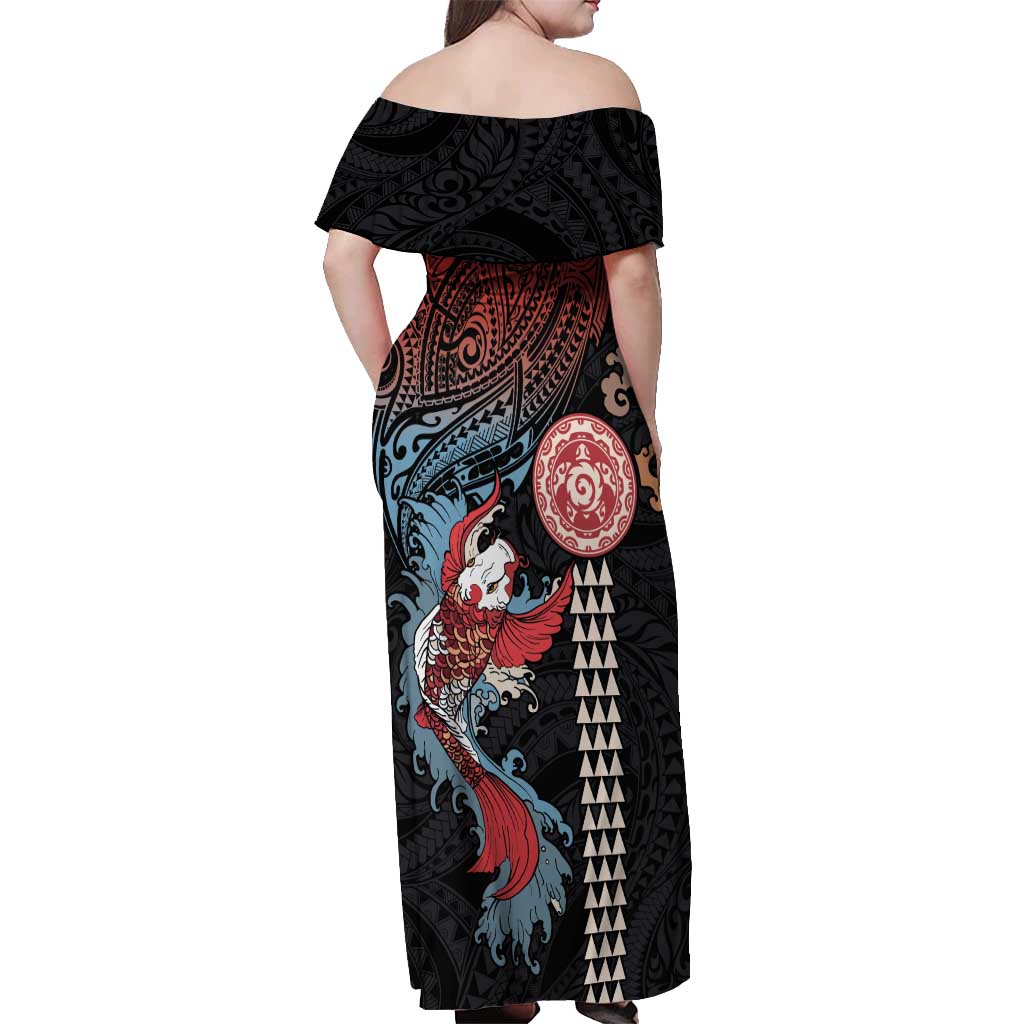 Hawaii and Japanese Together Off Shoulder Maxi Dress Koi Fish and Kakau Pattern LT03 - Polynesian Pride