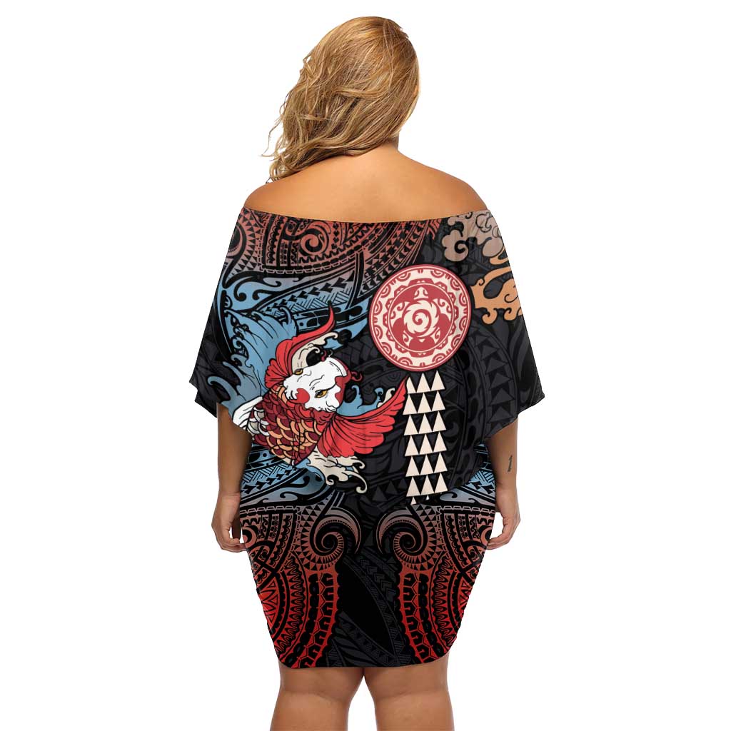 Hawaii and Japanese Together Off Shoulder Short Dress Koi Fish and Kakau Pattern