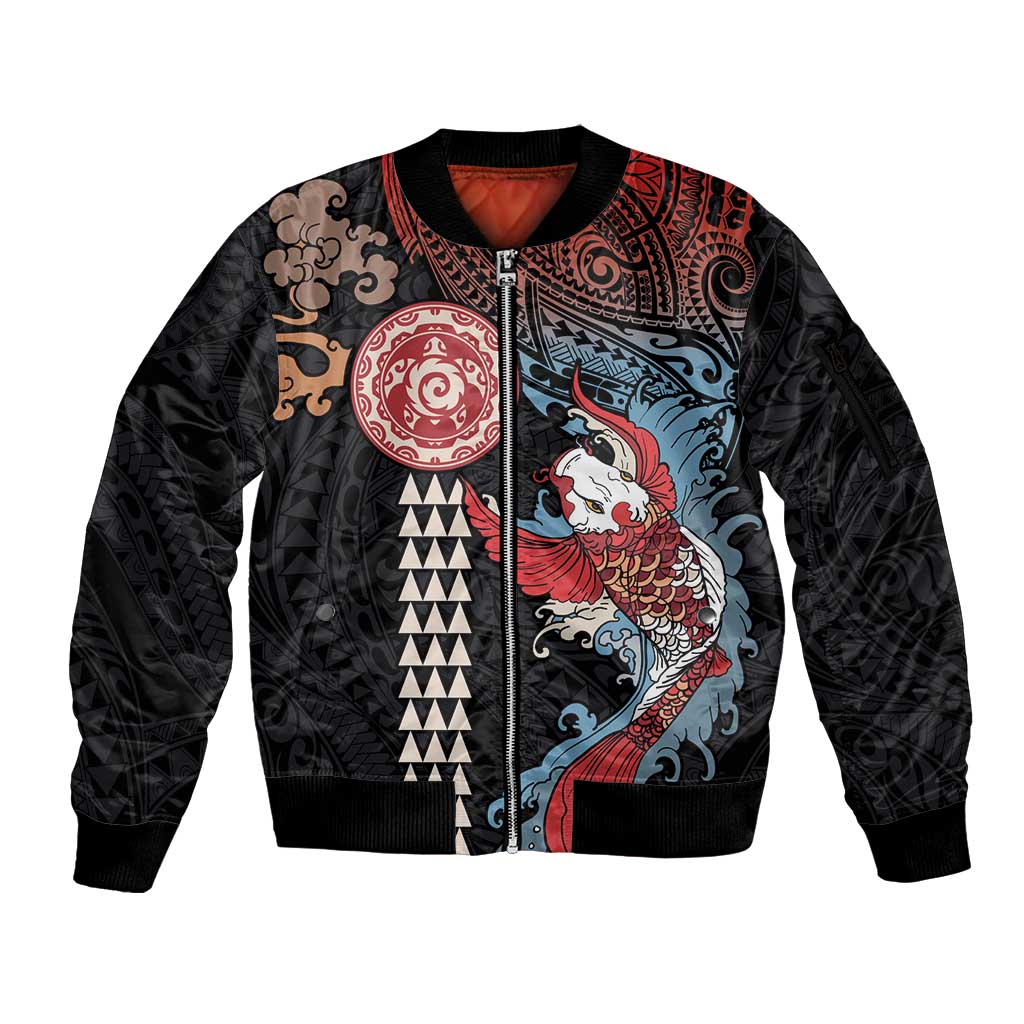 Hawaii and Japanese Together Sleeve Zip Bomber Jacket Koi Fish and Kakau Pattern LT03 Unisex Black - Polynesian Pride