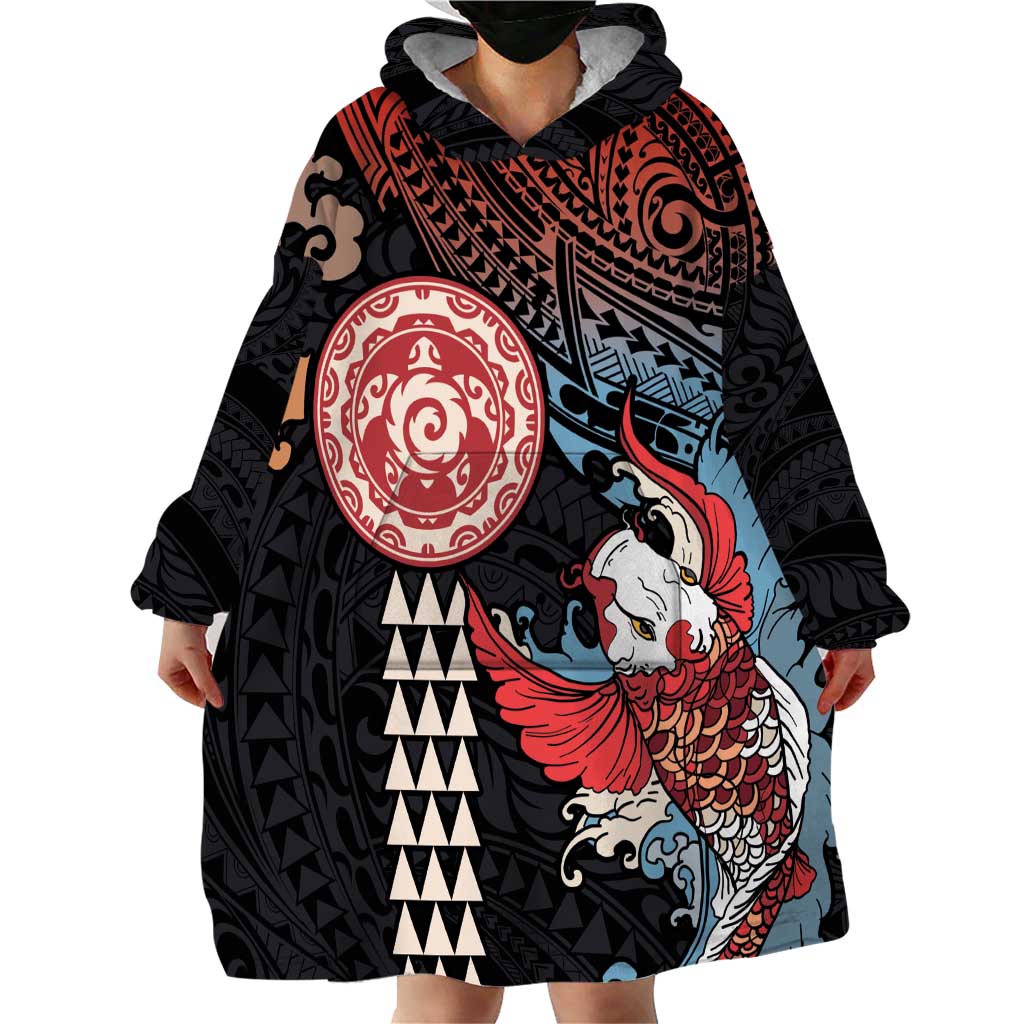 Hawaii and Japanese Together Wearable Blanket Hoodie Koi Fish and Kakau Pattern
