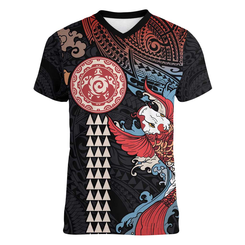Hawaii and Japanese Together Women V-Neck T-Shirt Koi Fish and Kakau Pattern LT03 Female Black - Polynesian Pride