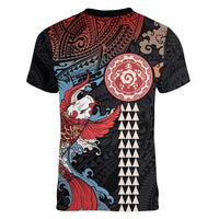 Hawaii and Japanese Together Women V-Neck T-Shirt Koi Fish and Kakau Pattern LT03 - Polynesian Pride
