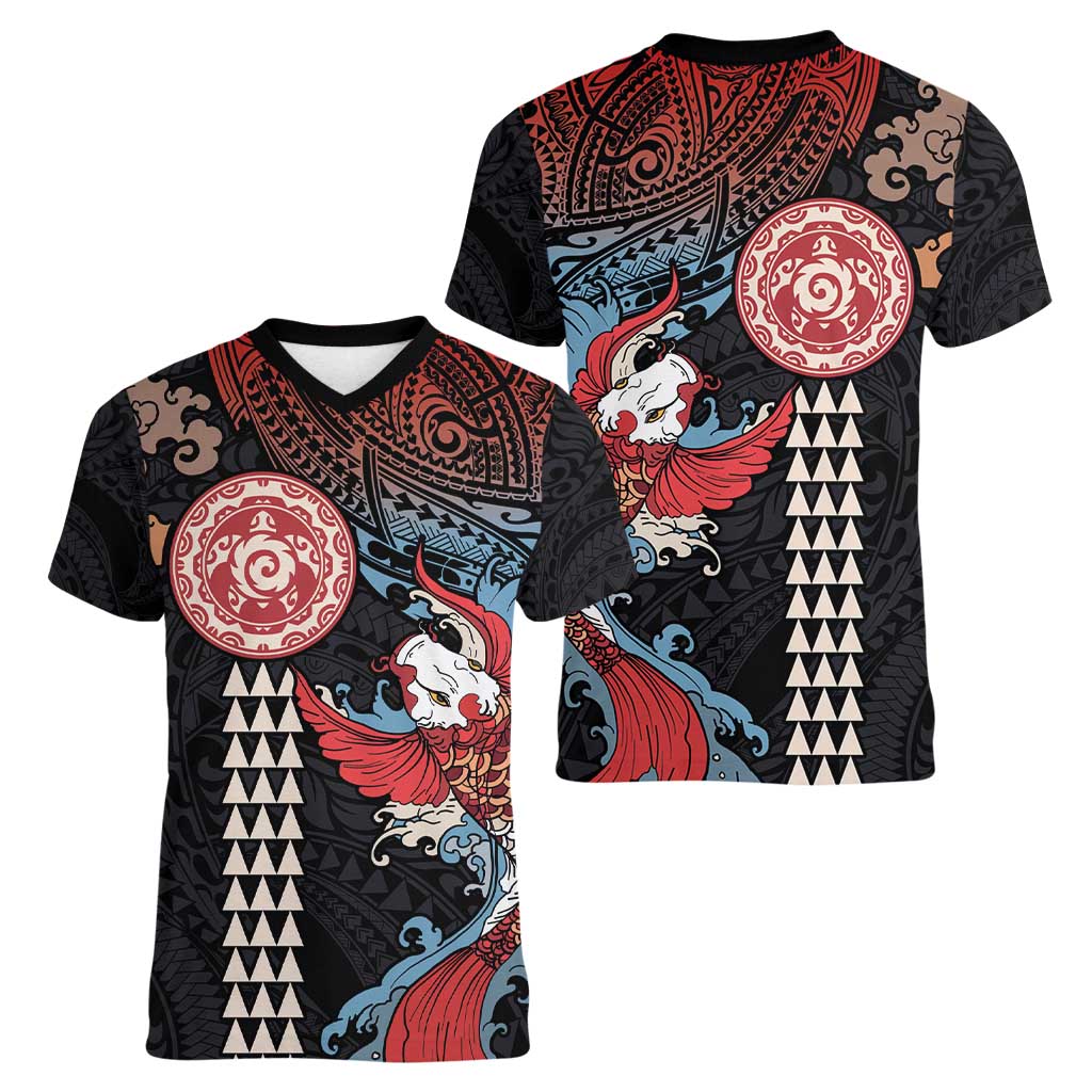 Hawaii and Japanese Together Women V-Neck T-Shirt Koi Fish and Kakau Pattern LT03 - Polynesian Pride