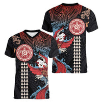 Hawaii and Japanese Together Women V-Neck T-Shirt Koi Fish and Kakau Pattern LT03 - Polynesian Pride