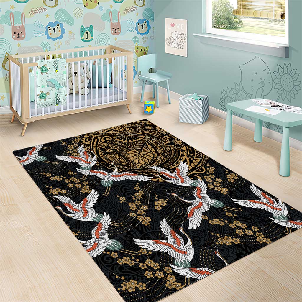 Hawaii and Japanese Together Area Rug Cranes Birds with Kakau Pattern
