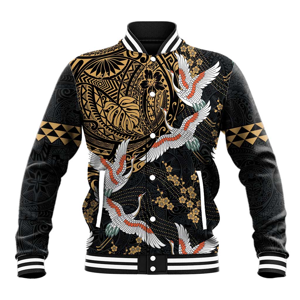 Hawaii and Japanese Together Baseball Jacket Cranes Birds with Kakau Pattern