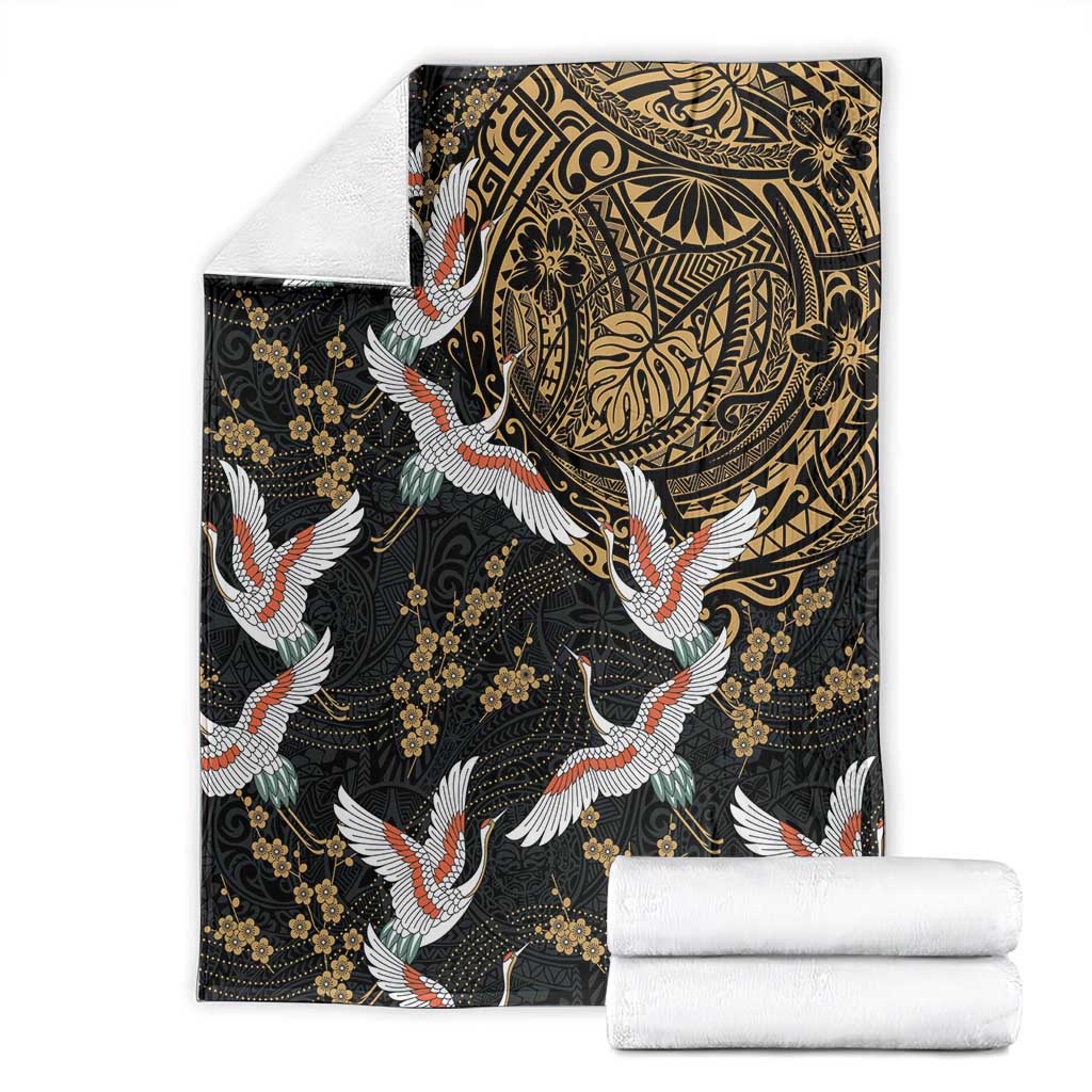 Hawaii and Japanese Together Blanket Cranes Birds with Kakau Pattern