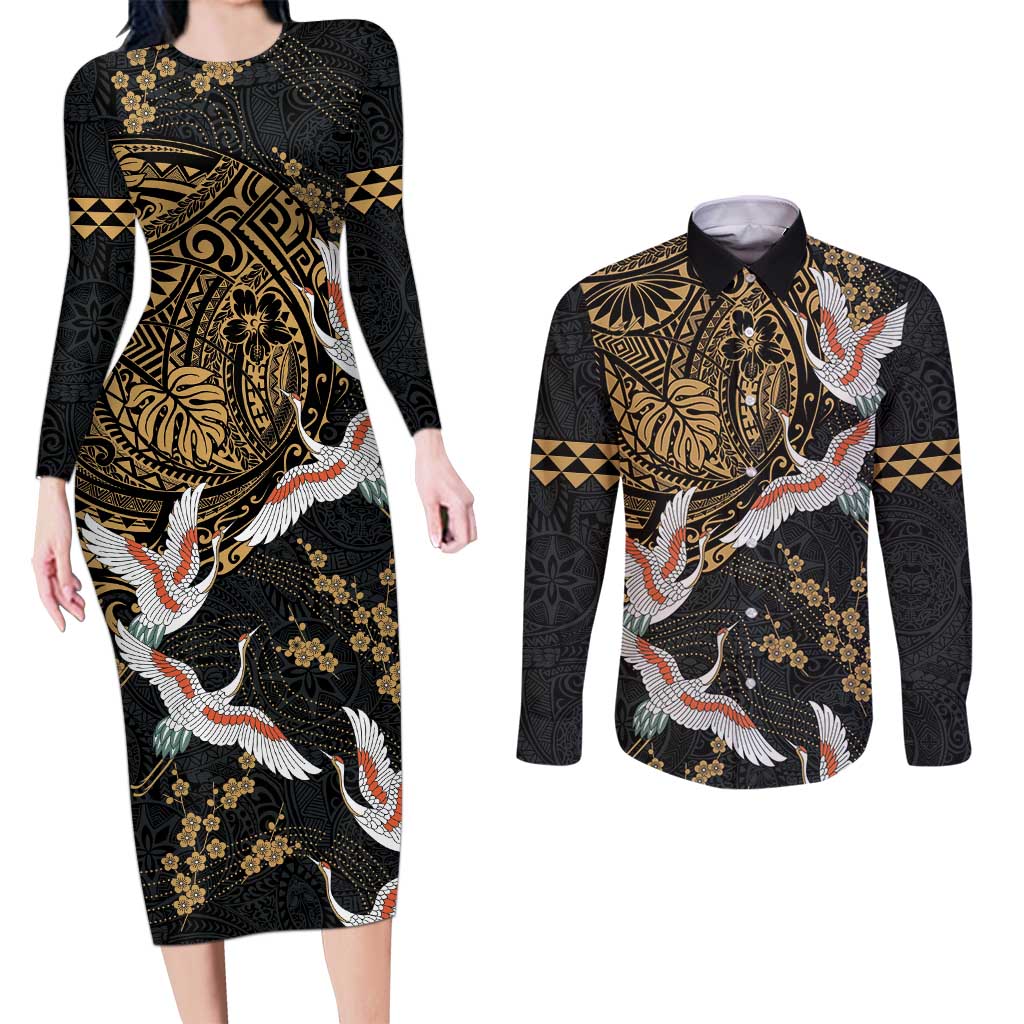 Hawaii and Japanese Together Couples Matching Long Sleeve Bodycon Dress and Long Sleeve Button Shirt Cranes Birds with Kakau Pattern