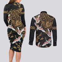 Hawaii and Japanese Together Couples Matching Long Sleeve Bodycon Dress and Long Sleeve Button Shirt Cranes Birds with Kakau Pattern