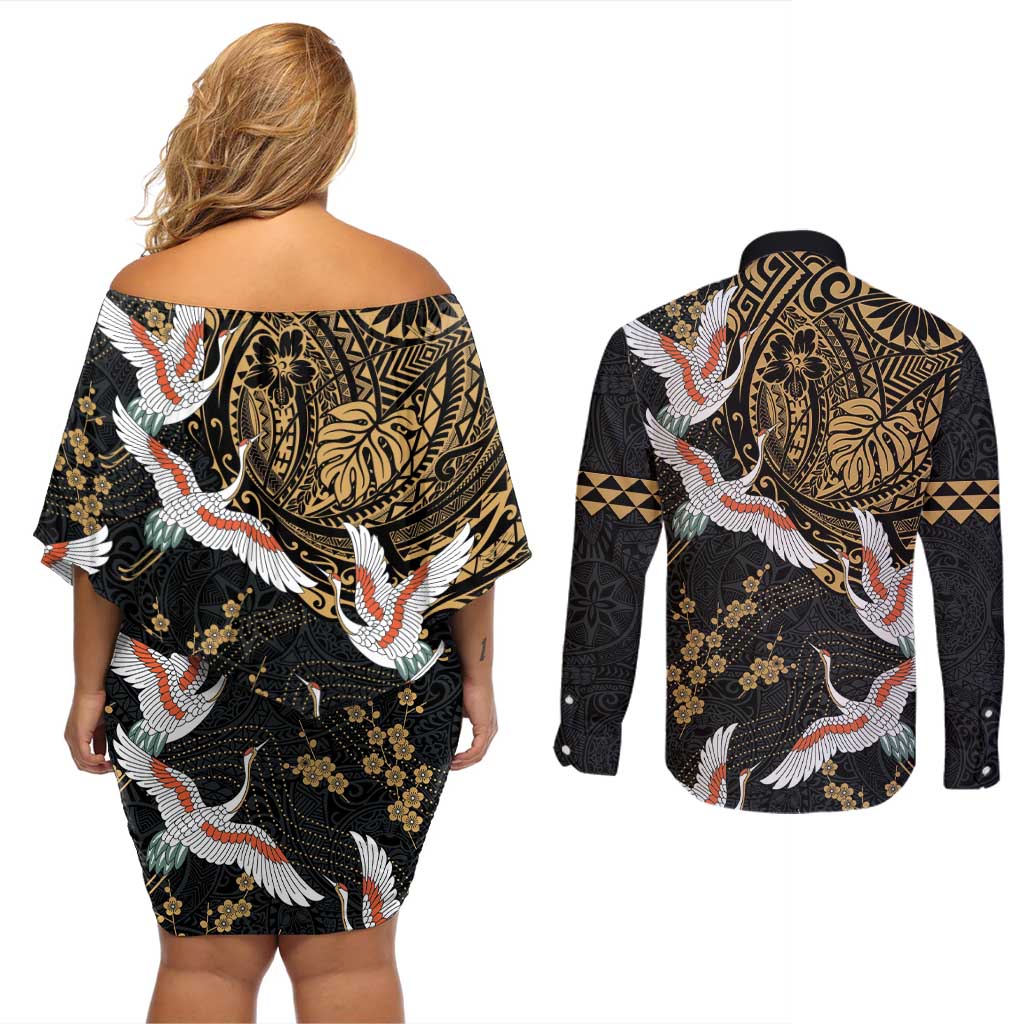 Hawaii and Japanese Together Couples Matching Off Shoulder Short Dress and Long Sleeve Button Shirt Cranes Birds with Kakau Pattern