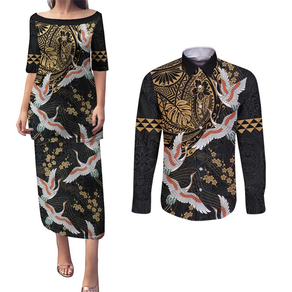 Hawaii and Japanese Together Couples Matching Puletasi and Long Sleeve Button Shirt Cranes Birds with Kakau Pattern