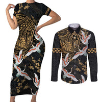 Hawaii and Japanese Together Couples Matching Short Sleeve Bodycon Dress and Long Sleeve Button Shirt Cranes Birds with Kakau Pattern