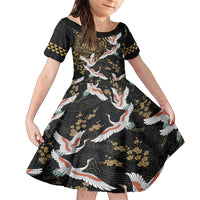 Hawaii and Japanese Together Family Matching Long Sleeve Bodycon Dress and Hawaiian Shirt Cranes Birds with Kakau Pattern LT03 Daughter's Dress Black - Polynesian Pride