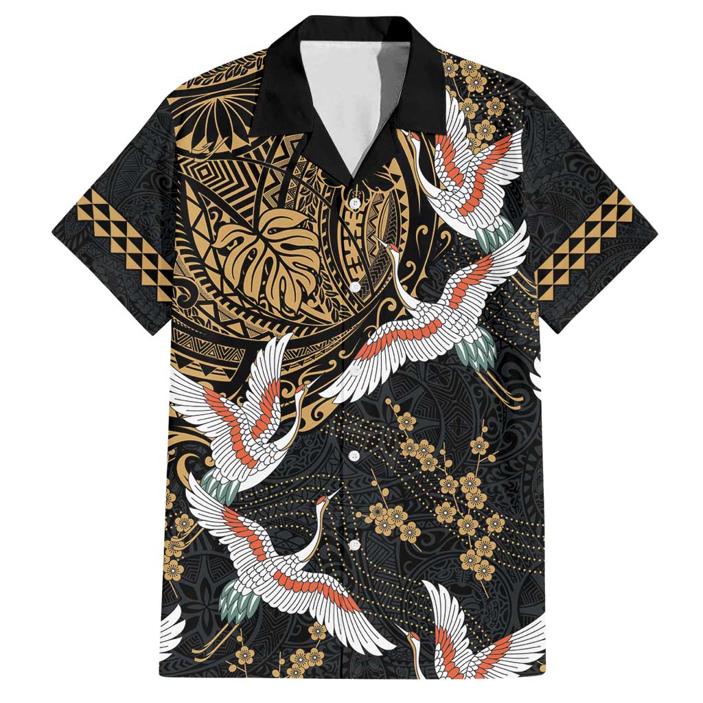 Hawaii and Japanese Together Family Matching Long Sleeve Bodycon Dress and Hawaiian Shirt Cranes Birds with Kakau Pattern LT03 Dad's Shirt - Short Sleeve Black - Polynesian Pride