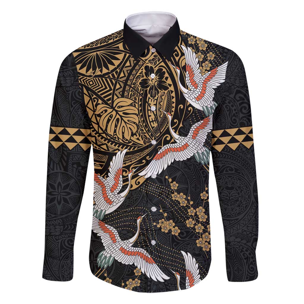 Hawaii and Japanese Together Family Matching Long Sleeve Bodycon Dress and Hawaiian Shirt Cranes Birds with Kakau Pattern LT03 Dad's Shirt - Long Sleeve Black - Polynesian Pride