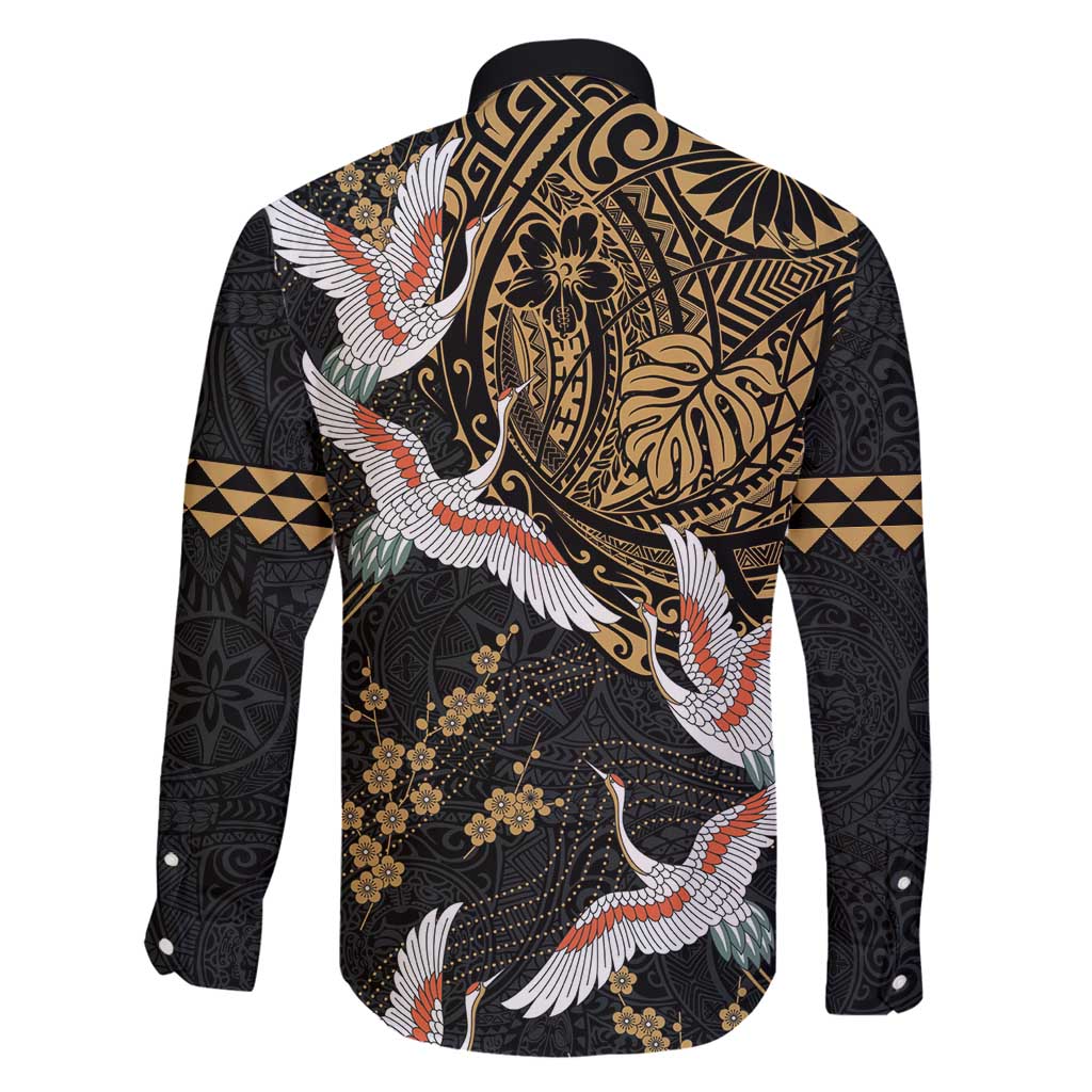 Hawaii and Japanese Together Family Matching Long Sleeve Bodycon Dress and Hawaiian Shirt Cranes Birds with Kakau Pattern LT03 - Polynesian Pride