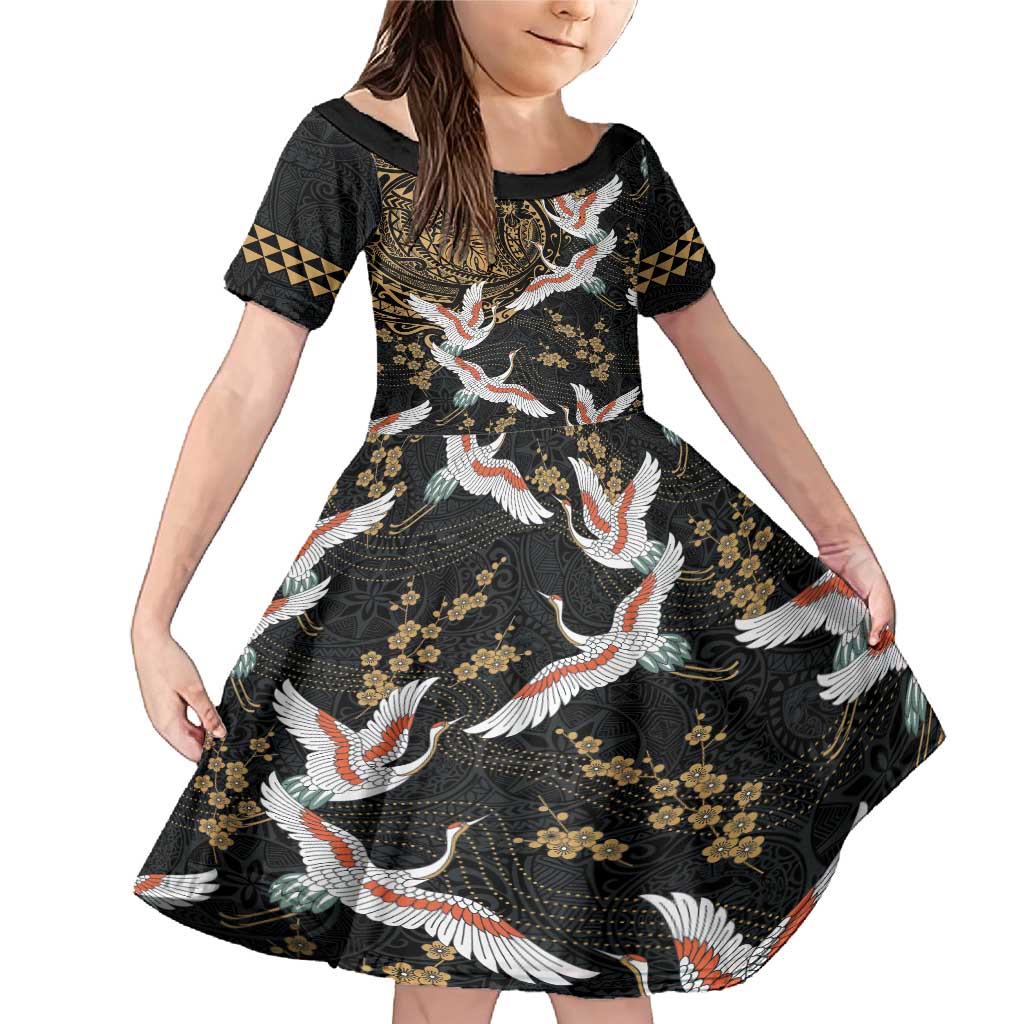 Hawaii and Japanese Together Family Matching Mermaid Dress and Hawaiian Shirt Cranes Birds with Kakau Pattern LT03 Daughter's Dress Black - Polynesian Pride