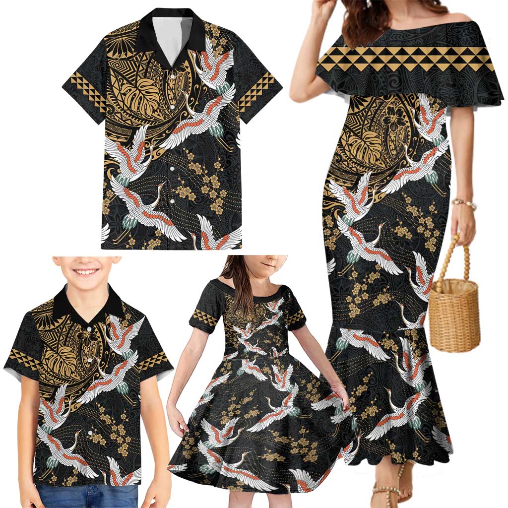 Hawaii and Japanese Together Family Matching Mermaid Dress and Hawaiian Shirt Cranes Birds with Kakau Pattern