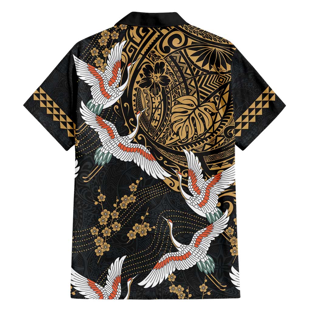 Hawaii and Japanese Together Family Matching Off Shoulder Short Dress and Hawaiian Shirt Cranes Birds with Kakau Pattern LT03 - Polynesian Pride