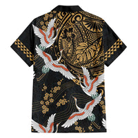 Hawaii and Japanese Together Family Matching Off Shoulder Short Dress and Hawaiian Shirt Cranes Birds with Kakau Pattern LT03 - Polynesian Pride