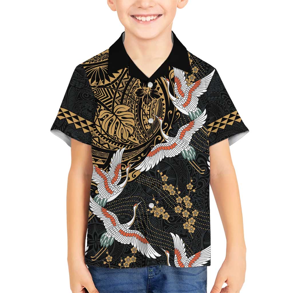 Hawaii and Japanese Together Family Matching Off Shoulder Short Dress and Hawaiian Shirt Cranes Birds with Kakau Pattern LT03 Son's Shirt Black - Polynesian Pride