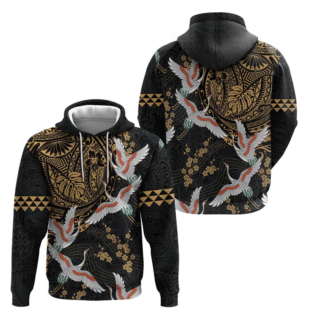 Hawaii and Japanese Together Hoodie Cranes Birds with Kakau Pattern