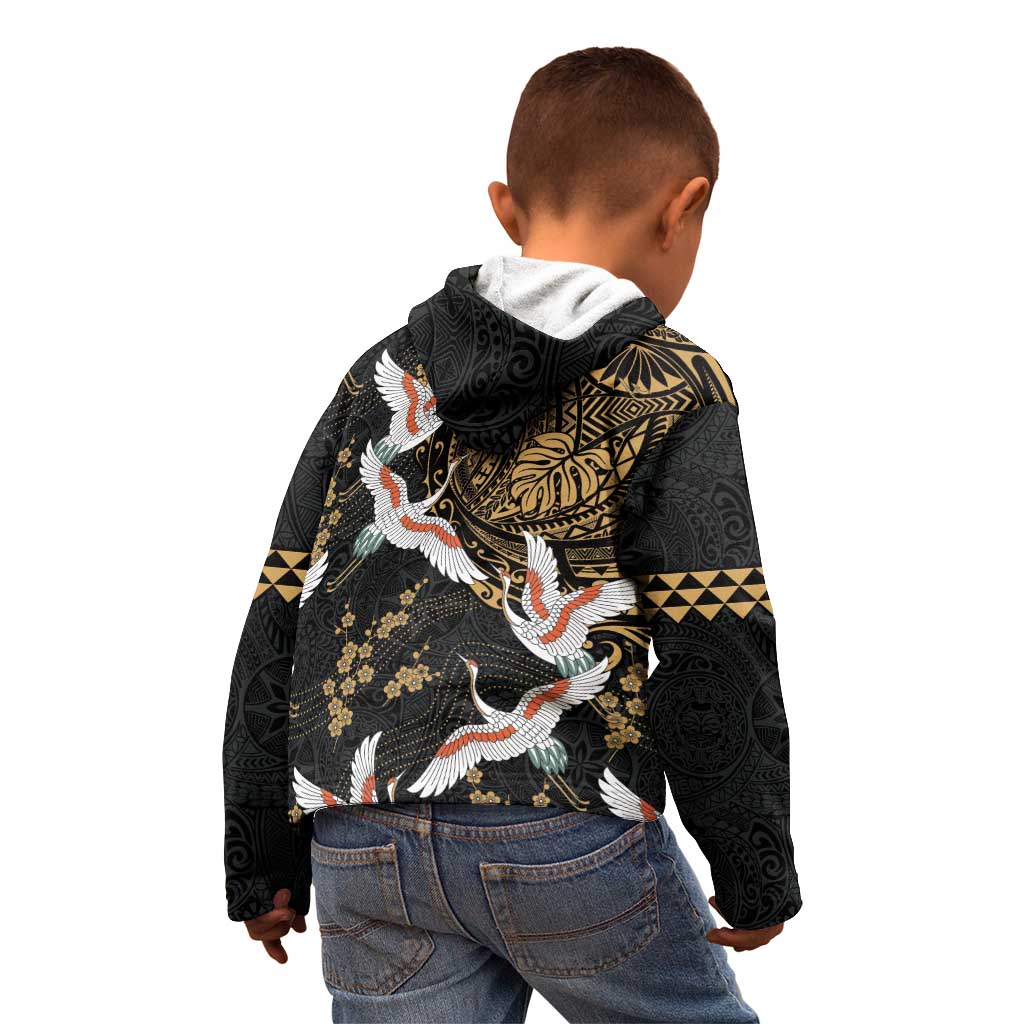 Hawaii and Japanese Together Kid Hoodie Cranes Birds with Kakau Pattern