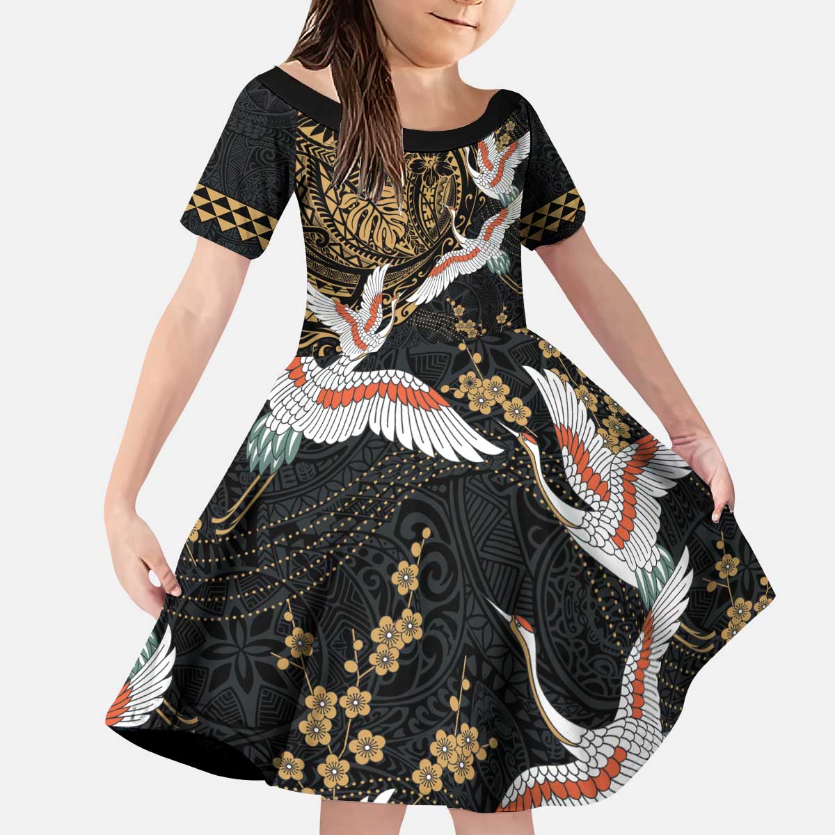 Hawaii and Japanese Together Kid Short Sleeve Dress Cranes Birds with Kakau Pattern