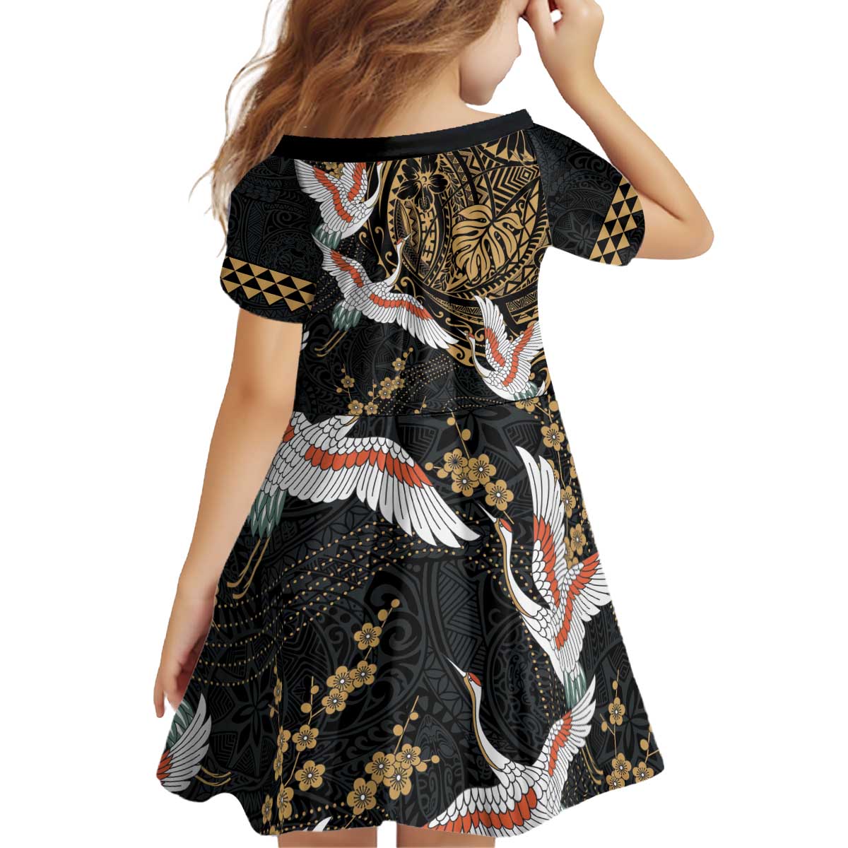 Hawaii and Japanese Together Kid Short Sleeve Dress Cranes Birds with Kakau Pattern