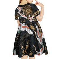 Hawaii and Japanese Together Kid Short Sleeve Dress Cranes Birds with Kakau Pattern