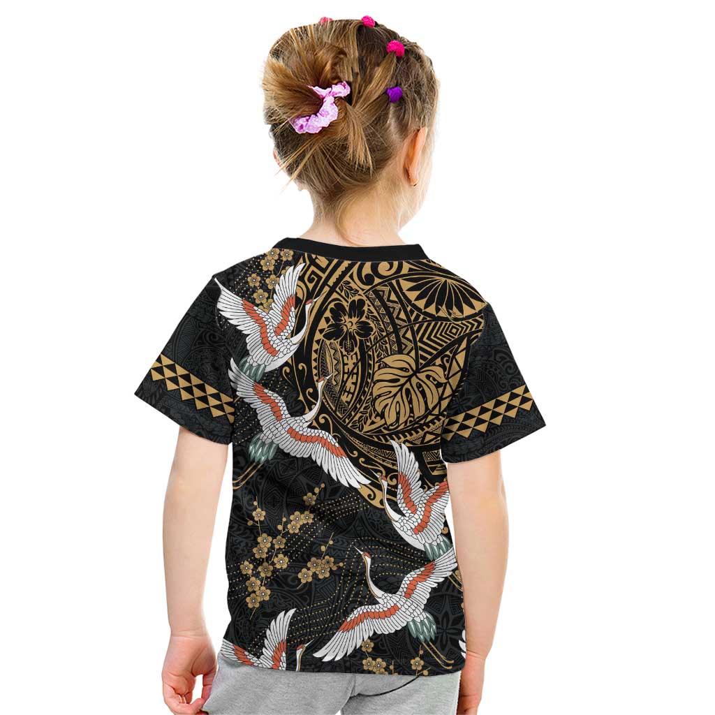 Hawaii and Japanese Together Kid T Shirt Cranes Birds with Kakau Pattern