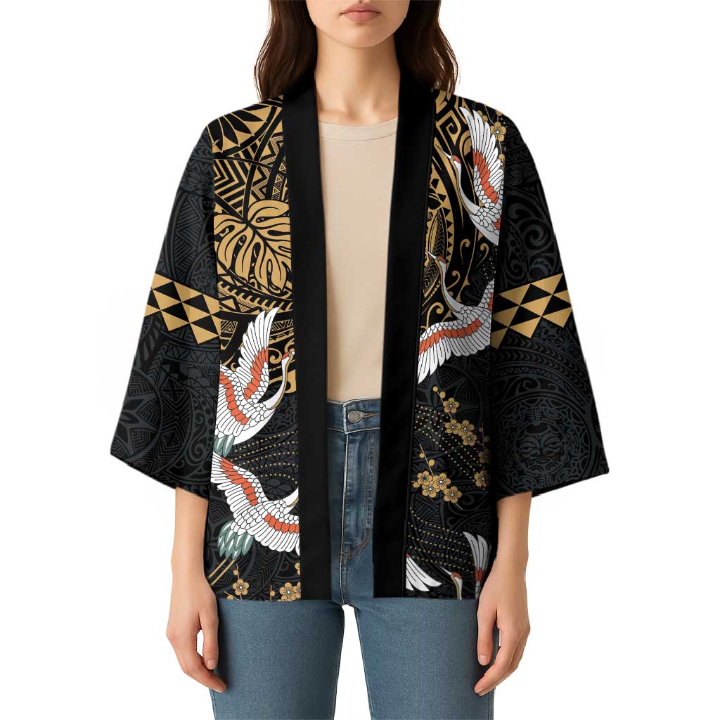 Hawaii and Japanese Together Kimono Cranes Birds with Kakau Pattern - Polynesian Pride