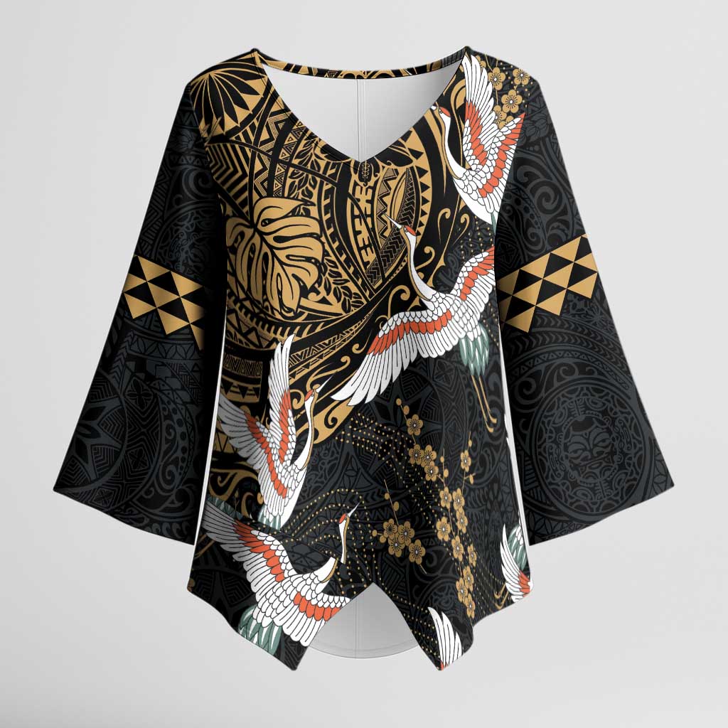 Hawaii and Japanese Together Kimono Sleeve Blouse Cranes Birds with Kakau Pattern - Polynesian Pride