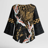 Hawaii and Japanese Together Kimono Sleeve Blouse Cranes Birds with Kakau Pattern - Polynesian Pride