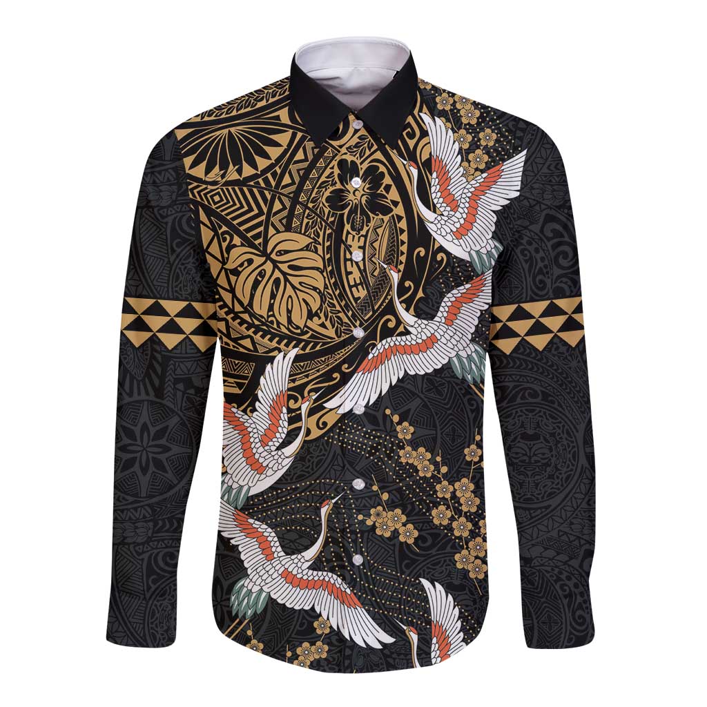 Hawaii and Japanese Together Long Sleeve Button Shirt Cranes Birds with Kakau Pattern
