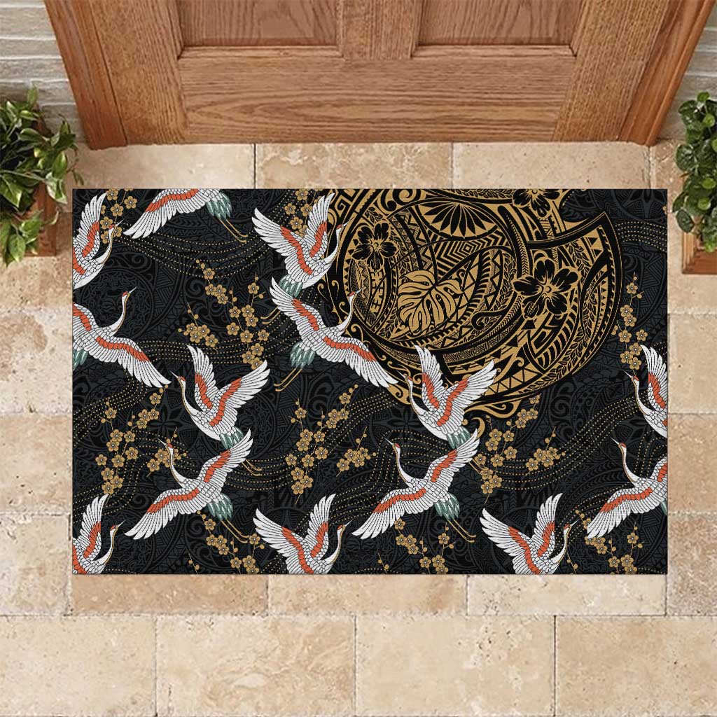 Hawaii and Japanese Together Rubber Doormat Cranes Birds with Kakau Pattern LT03 Black - Polynesian Pride
