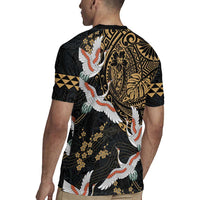 Hawaii and Japanese Together Rugby Jersey Cranes Birds with Kakau Pattern