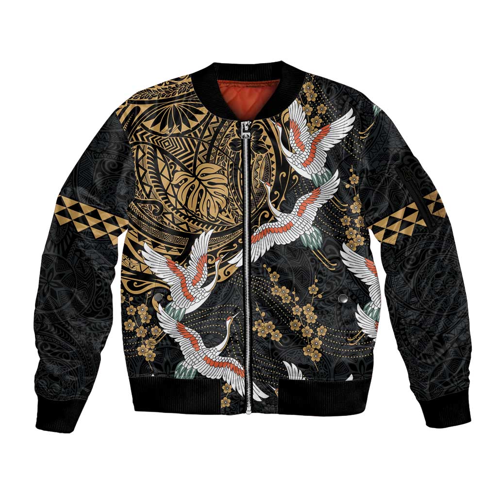 Hawaii and Japanese Together Sleeve Zip Bomber Jacket Cranes Birds with Kakau Pattern LT03 Unisex Black - Polynesian Pride