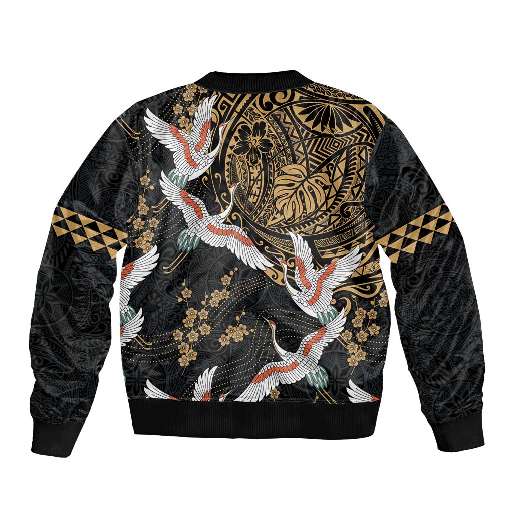 Hawaii and Japanese Together Sleeve Zip Bomber Jacket Cranes Birds with Kakau Pattern LT03 - Polynesian Pride