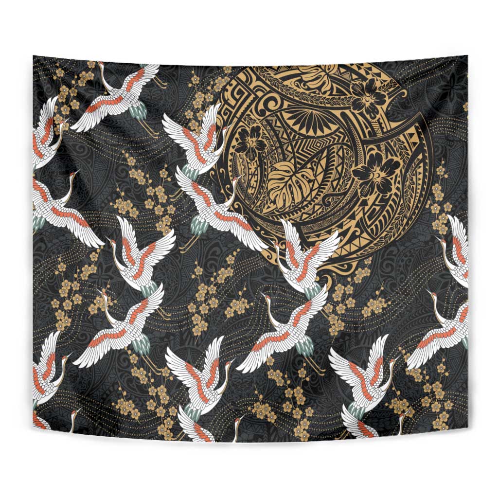Hawaii and Japanese Together Tapestry Cranes Birds with Kakau Pattern