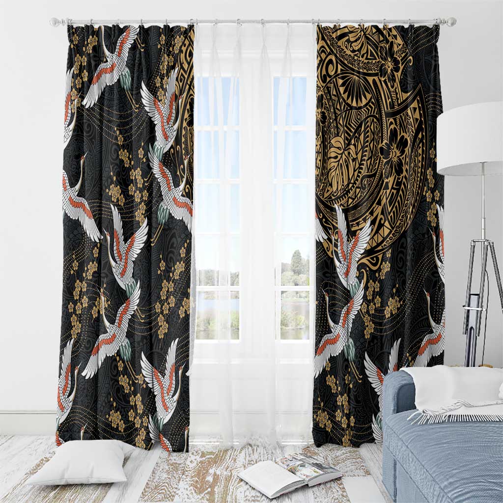 Hawaii and Japanese Together Window Curtain Cranes Birds with Kakau Pattern