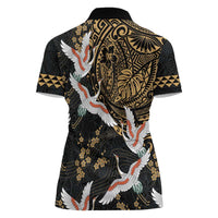 Hawaii and Japanese Together Women Polo Shirt Cranes Birds with Kakau Pattern