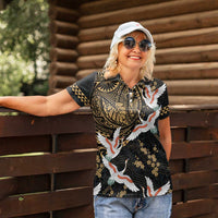 Hawaii and Japanese Together Women Polo Shirt Cranes Birds with Kakau Pattern