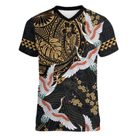 Hawaii and Japanese Together Women V-Neck T-Shirt Cranes Birds with Kakau Pattern LT03 Female Black - Polynesian Pride