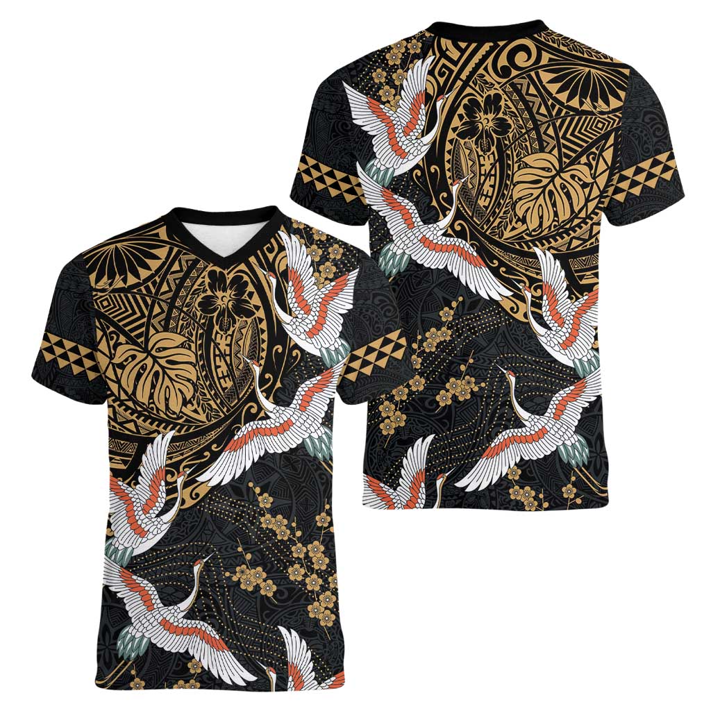 Hawaii and Japanese Together Women V-Neck T-Shirt Cranes Birds with Kakau Pattern LT03 - Polynesian Pride